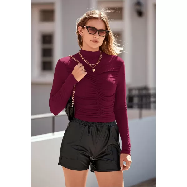 imagePRETTYGARDEN Womens Long Sleeve Tops Casual Mock Neck Basic Slim Fit Ruched Plain T ShirtsWine Red