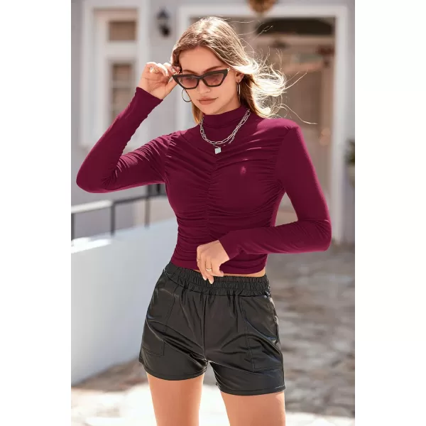 imagePRETTYGARDEN Womens Long Sleeve Tops Casual Mock Neck Basic Slim Fit Ruched Plain T ShirtsWine Red