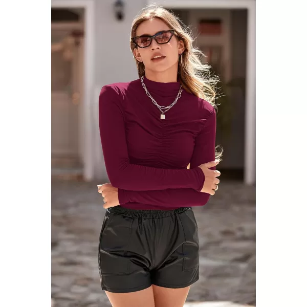 imagePRETTYGARDEN Womens Long Sleeve Tops Casual Mock Neck Basic Slim Fit Ruched Plain T ShirtsWine Red
