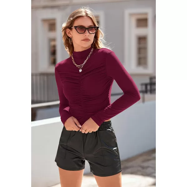 imagePRETTYGARDEN Womens Long Sleeve Tops Casual Mock Neck Basic Slim Fit Ruched Plain T ShirtsWine Red