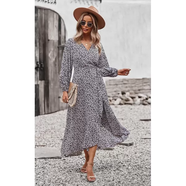 imagePRETTYGARDEN Womens Long Sleeve Vintage Flowy Dress Floral Print VNeck Maxi Dresses with BeltBlack