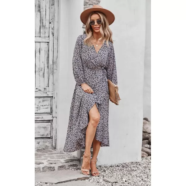 imagePRETTYGARDEN Womens Long Sleeve Vintage Flowy Dress Floral Print VNeck Maxi Dresses with BeltBlack