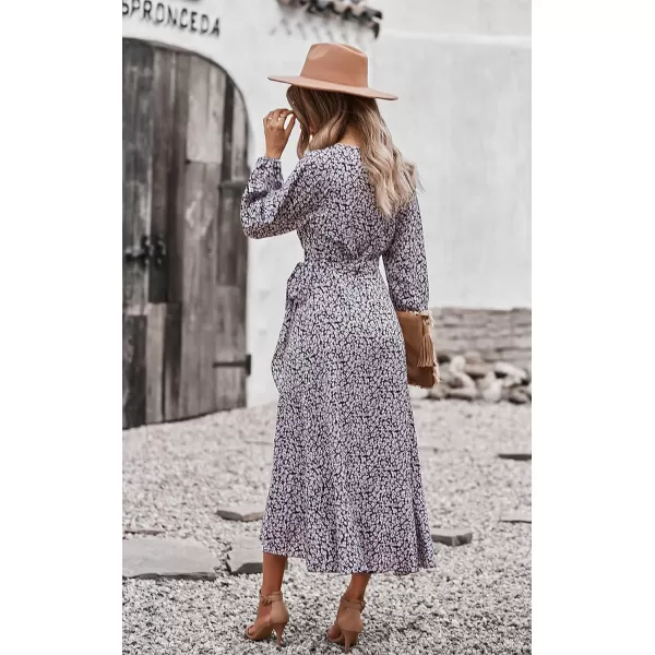imagePRETTYGARDEN Womens Long Sleeve Vintage Flowy Dress Floral Print VNeck Maxi Dresses with BeltBlack