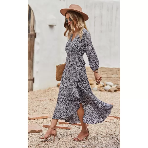 imagePRETTYGARDEN Womens Long Sleeve Vintage Flowy Dress Floral Print VNeck Maxi Dresses with BeltBlack