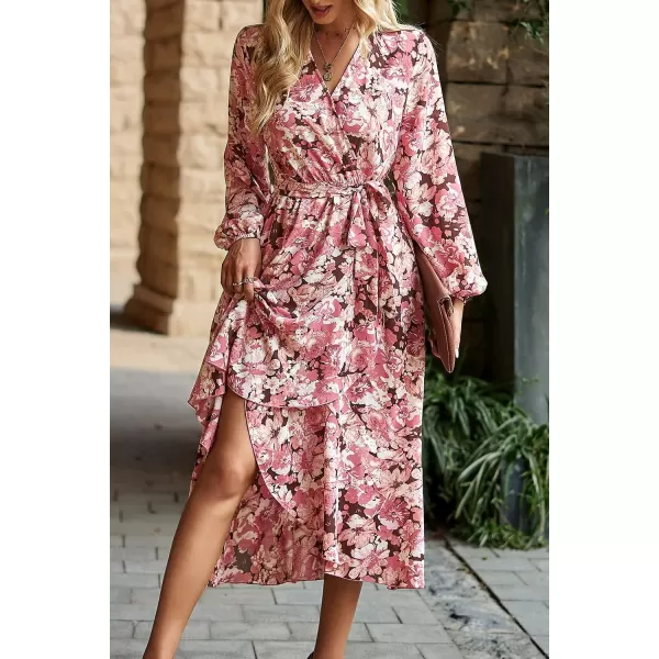 imagePRETTYGARDEN Womens Long Sleeve Vintage Flowy Dress Floral Print VNeck Maxi Dresses with BeltBlack Pink Floral