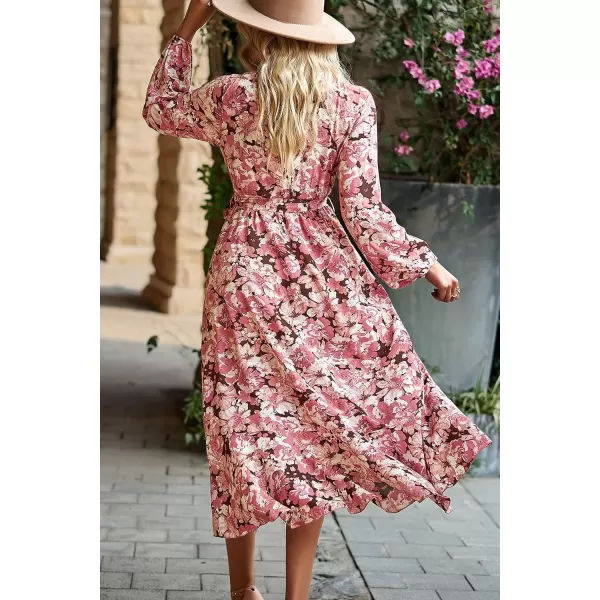 imagePRETTYGARDEN Womens Long Sleeve Vintage Flowy Dress Floral Print VNeck Maxi Dresses with BeltBlack Pink Floral