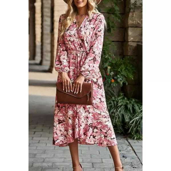 imagePRETTYGARDEN Womens Long Sleeve Vintage Flowy Dress Floral Print VNeck Maxi Dresses with BeltBlack Pink Floral