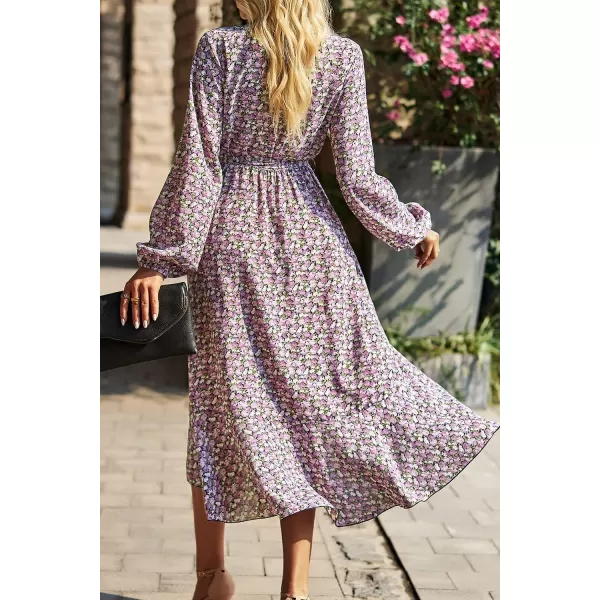 imagePRETTYGARDEN Womens Long Sleeve Vintage Flowy Dress Floral Print VNeck Maxi Dresses with BeltBlack Purple Floral