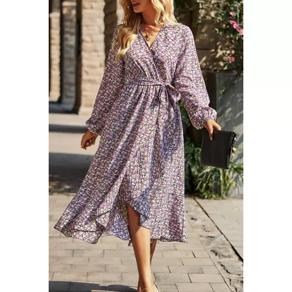 imagePRETTYGARDEN Womens Long Sleeve Vintage Flowy Dress Floral Print VNeck Maxi Dresses with BeltBlack Purple Floral