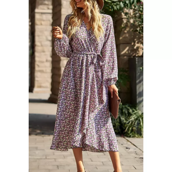 imagePRETTYGARDEN Womens Long Sleeve Vintage Flowy Dress Floral Print VNeck Maxi Dresses with BeltBlack Purple Floral