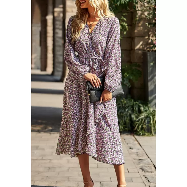 imagePRETTYGARDEN Womens Long Sleeve Vintage Flowy Dress Floral Print VNeck Maxi Dresses with BeltBlack Purple Floral