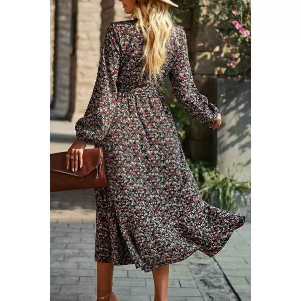 imagePRETTYGARDEN Womens Long Sleeve Vintage Flowy Dress Floral Print VNeck Maxi Dresses with BeltBlack Red Floral