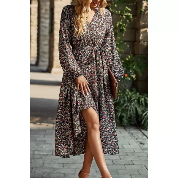imagePRETTYGARDEN Womens Long Sleeve Vintage Flowy Dress Floral Print VNeck Maxi Dresses with BeltBlack Red Floral