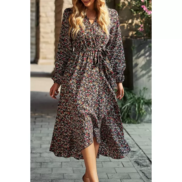 imagePRETTYGARDEN Womens Long Sleeve Vintage Flowy Dress Floral Print VNeck Maxi Dresses with BeltBlack Red Floral