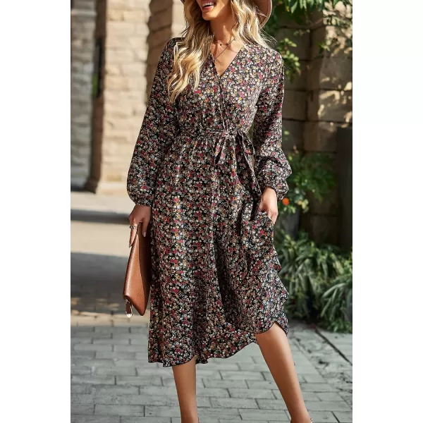 imagePRETTYGARDEN Womens Long Sleeve Vintage Flowy Dress Floral Print VNeck Maxi Dresses with BeltBlack Red Floral
