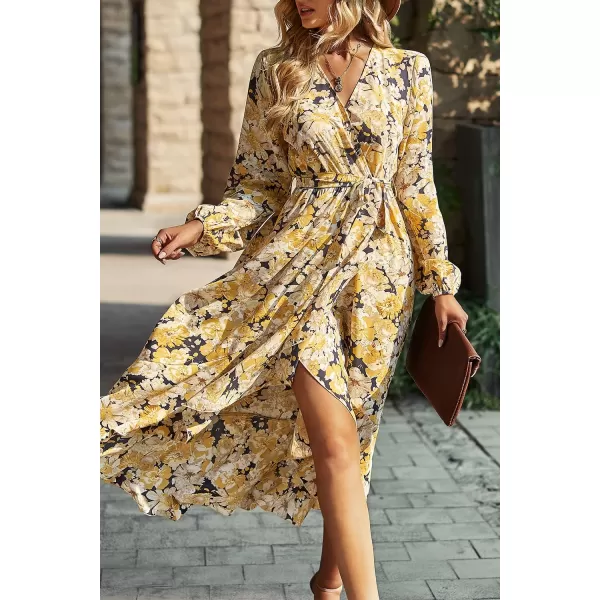 imagePRETTYGARDEN Womens Long Sleeve Vintage Flowy Dress Floral Print VNeck Maxi Dresses with BeltBlack Yellow Floral