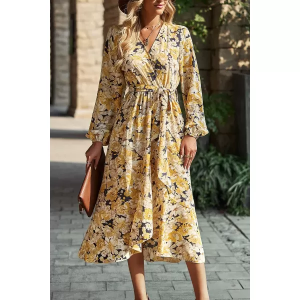 imagePRETTYGARDEN Womens Long Sleeve Vintage Flowy Dress Floral Print VNeck Maxi Dresses with BeltBlack Yellow Floral