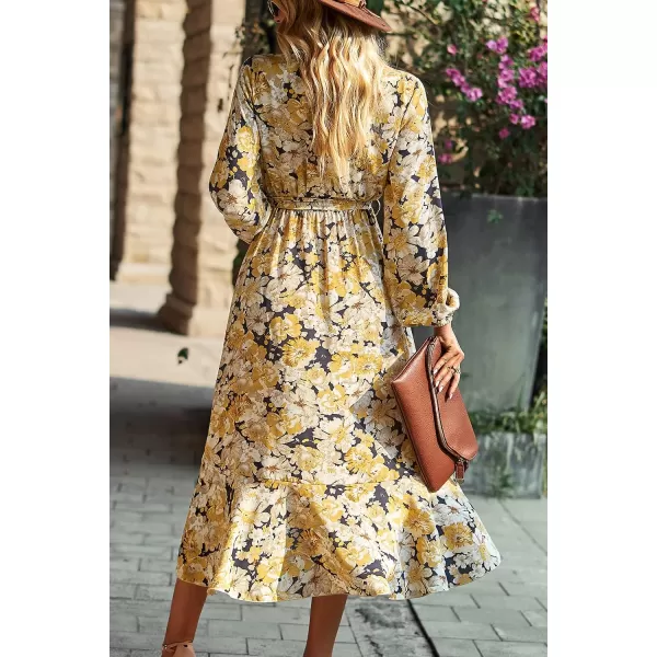 imagePRETTYGARDEN Womens Long Sleeve Vintage Flowy Dress Floral Print VNeck Maxi Dresses with BeltBlack Yellow Floral