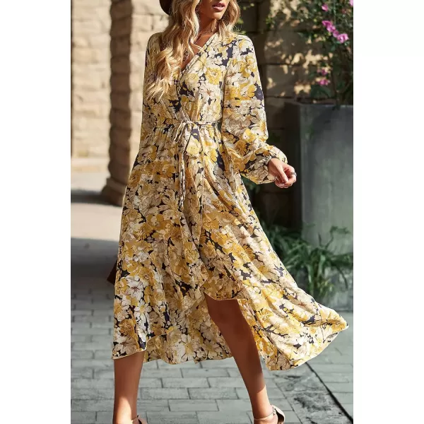 imagePRETTYGARDEN Womens Long Sleeve Vintage Flowy Dress Floral Print VNeck Maxi Dresses with BeltBlack Yellow Floral