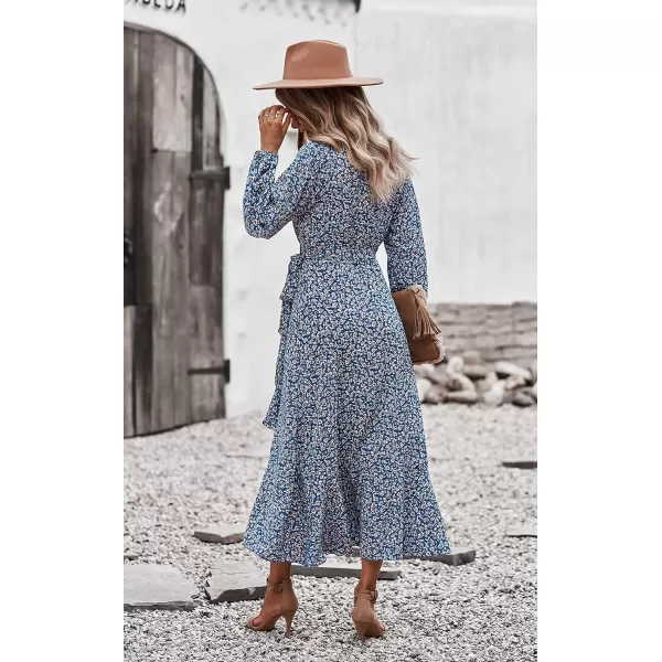 imagePRETTYGARDEN Womens Long Sleeve Vintage Flowy Dress Floral Print VNeck Maxi Dresses with BeltBlue