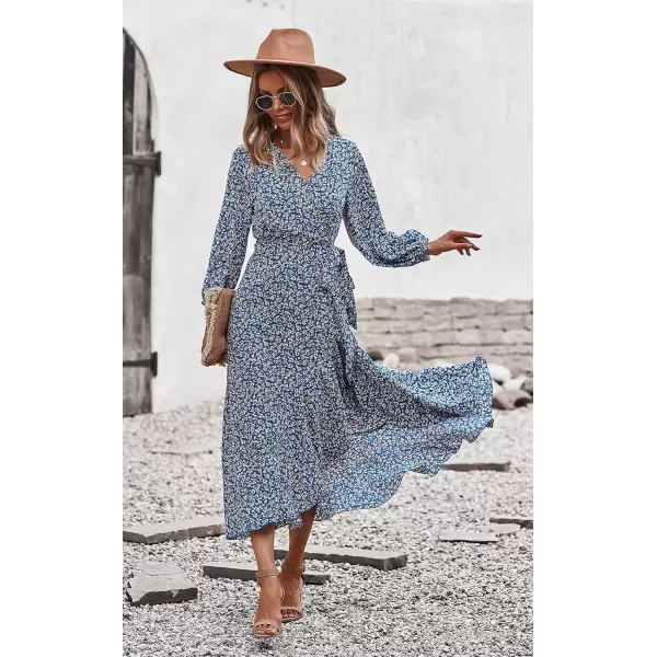 imagePRETTYGARDEN Womens Long Sleeve Vintage Flowy Dress Floral Print VNeck Maxi Dresses with BeltBlue