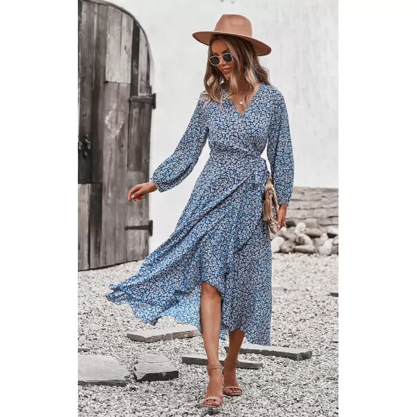 imagePRETTYGARDEN Womens Long Sleeve Vintage Flowy Dress Floral Print VNeck Maxi Dresses with BeltBlue