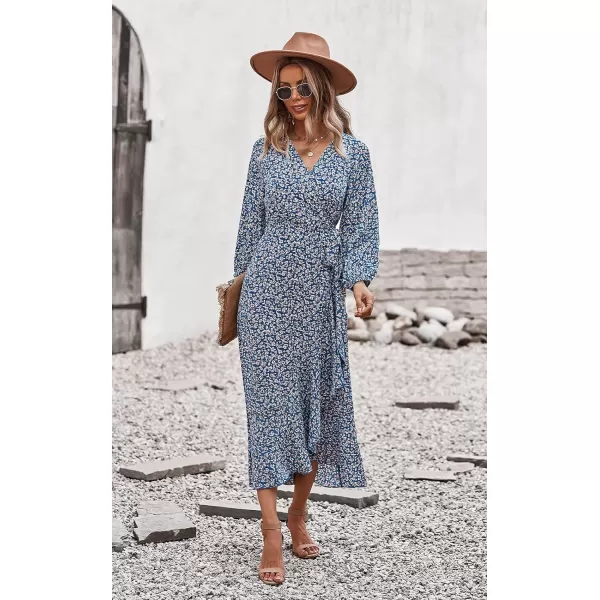 imagePRETTYGARDEN Womens Long Sleeve Vintage Flowy Dress Floral Print VNeck Maxi Dresses with BeltBlue
