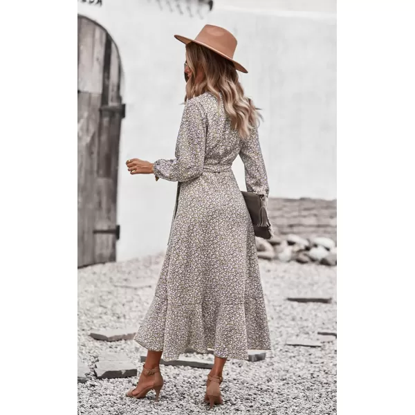 imagePRETTYGARDEN Womens Long Sleeve Vintage Flowy Dress Floral Print VNeck Maxi Dresses with BeltKhaki