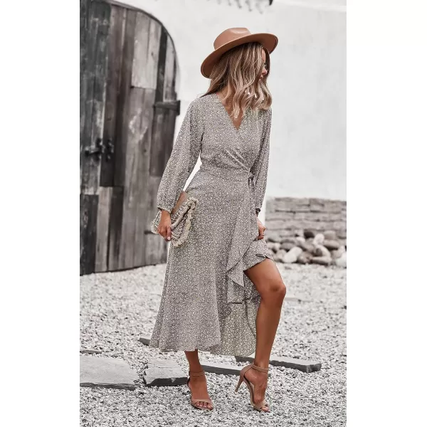 imagePRETTYGARDEN Womens Long Sleeve Vintage Flowy Dress Floral Print VNeck Maxi Dresses with BeltKhaki