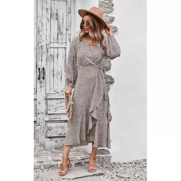 imagePRETTYGARDEN Womens Long Sleeve Vintage Flowy Dress Floral Print VNeck Maxi Dresses with BeltKhaki