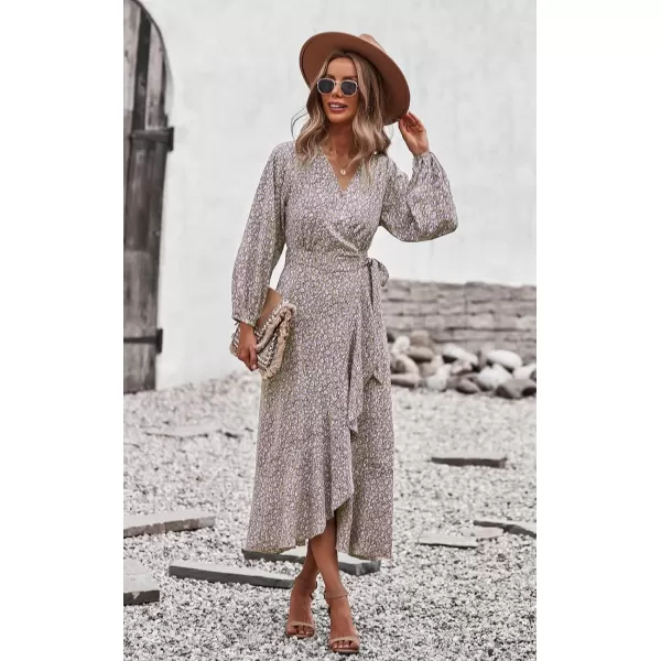 imagePRETTYGARDEN Womens Long Sleeve Vintage Flowy Dress Floral Print VNeck Maxi Dresses with BeltKhaki