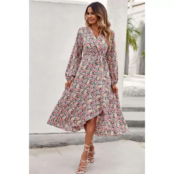 imagePRETTYGARDEN Womens Long Sleeve Vintage Flowy Dress Floral Print VNeck Maxi Dresses with BeltPink