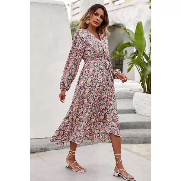 imagePRETTYGARDEN Womens Long Sleeve Vintage Flowy Dress Floral Print VNeck Maxi Dresses with BeltPink