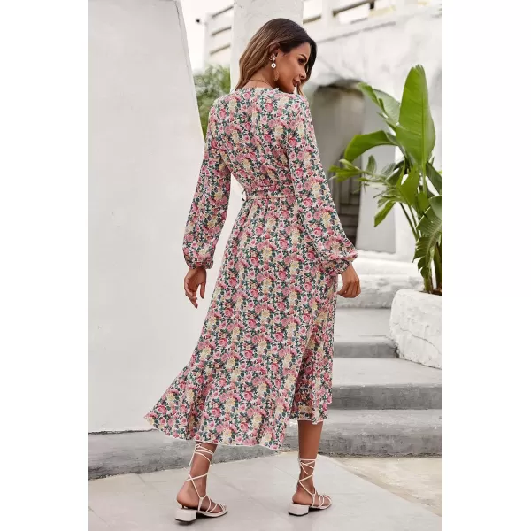 imagePRETTYGARDEN Womens Long Sleeve Vintage Flowy Dress Floral Print VNeck Maxi Dresses with BeltPink