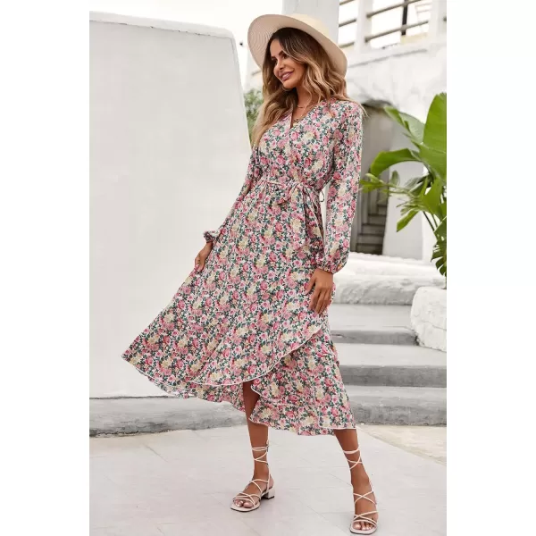 imagePRETTYGARDEN Womens Long Sleeve Vintage Flowy Dress Floral Print VNeck Maxi Dresses with BeltPink