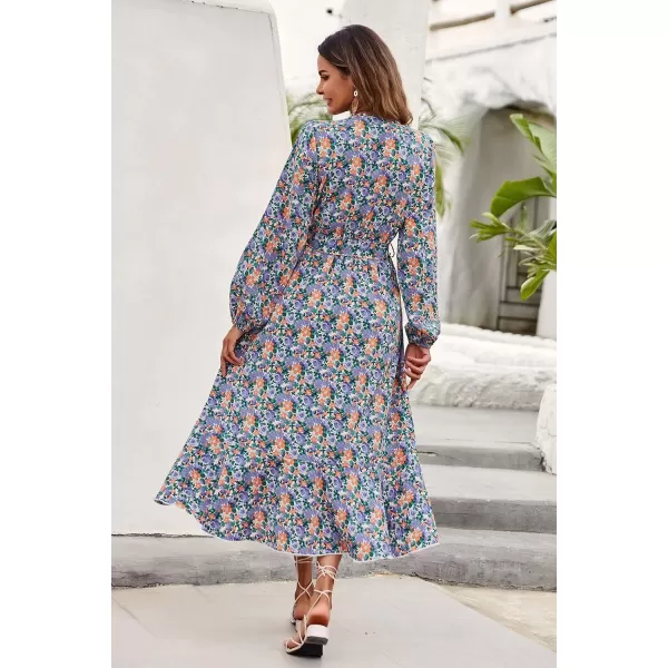 imagePRETTYGARDEN Womens Long Sleeve Vintage Flowy Dress Floral Print VNeck Maxi Dresses with BeltPurple