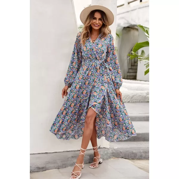 imagePRETTYGARDEN Womens Long Sleeve Vintage Flowy Dress Floral Print VNeck Maxi Dresses with BeltPurple
