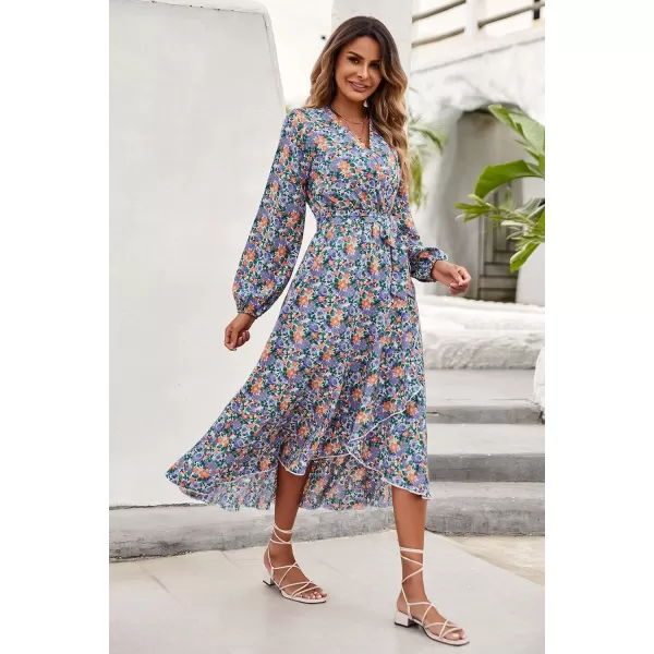 imagePRETTYGARDEN Womens Long Sleeve Vintage Flowy Dress Floral Print VNeck Maxi Dresses with BeltPurple