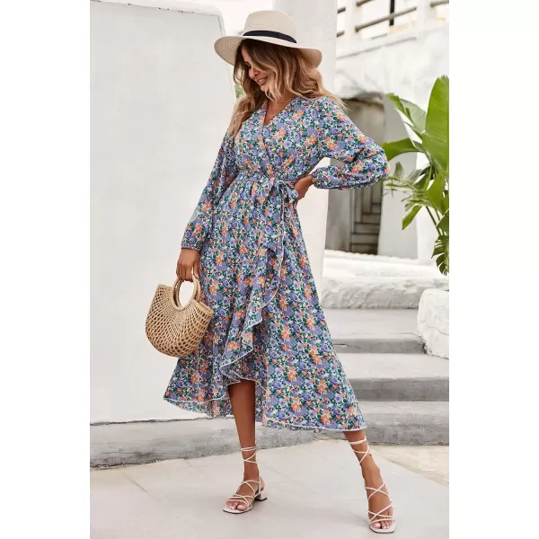 imagePRETTYGARDEN Womens Long Sleeve Vintage Flowy Dress Floral Print VNeck Maxi Dresses with BeltPurple
