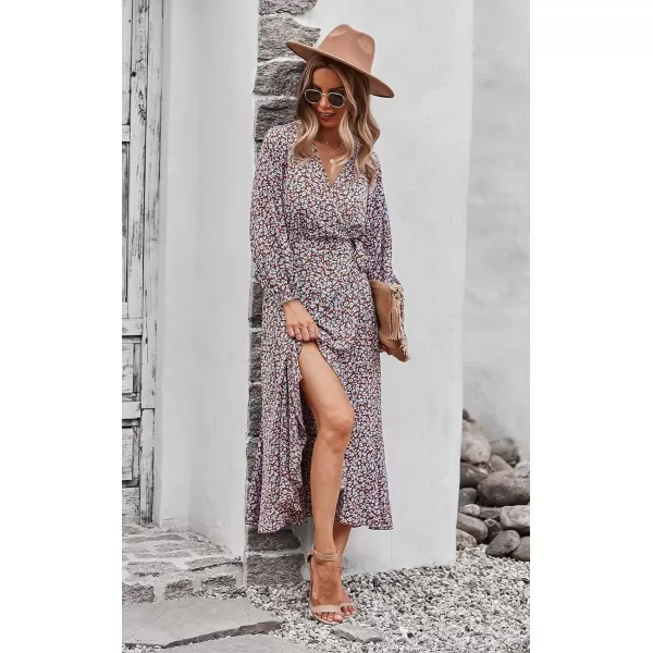 imagePRETTYGARDEN Womens Long Sleeve Vintage Flowy Dress Floral Print VNeck Maxi Dresses with BeltRed