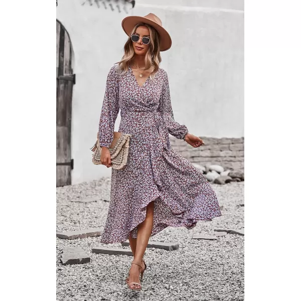 imagePRETTYGARDEN Womens Long Sleeve Vintage Flowy Dress Floral Print VNeck Maxi Dresses with BeltRed