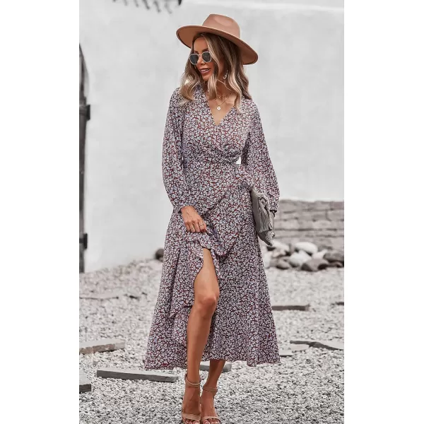 imagePRETTYGARDEN Womens Long Sleeve Vintage Flowy Dress Floral Print VNeck Maxi Dresses with BeltRed