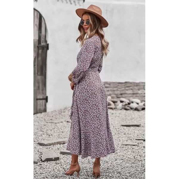 imagePRETTYGARDEN Womens Long Sleeve Vintage Flowy Dress Floral Print VNeck Maxi Dresses with BeltRed