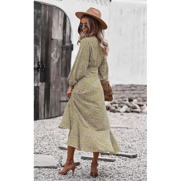 imagePRETTYGARDEN Womens Long Sleeve Vintage Flowy Dress Floral Print VNeck Maxi Dresses with BeltYellow