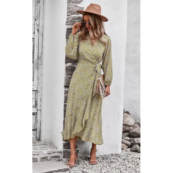imagePRETTYGARDEN Womens Long Sleeve Vintage Flowy Dress Floral Print VNeck Maxi Dresses with BeltYellow