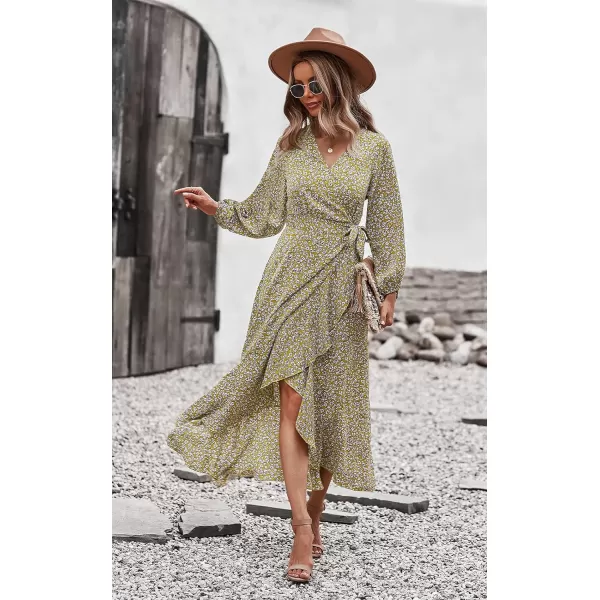 imagePRETTYGARDEN Womens Long Sleeve Vintage Flowy Dress Floral Print VNeck Maxi Dresses with BeltYellow