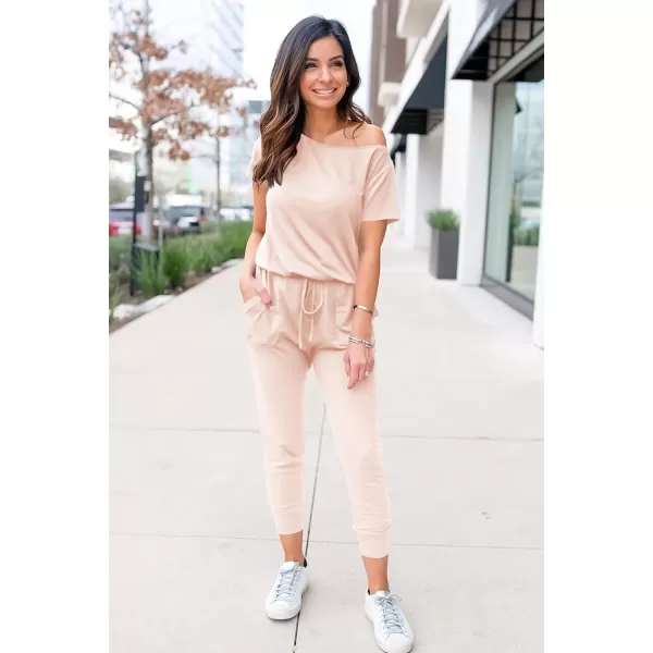 imagePRETTYGARDEN Womens Loose Solid Off Shoulder Elastic Waist Stretchy Long Romper JumpsuitBeige