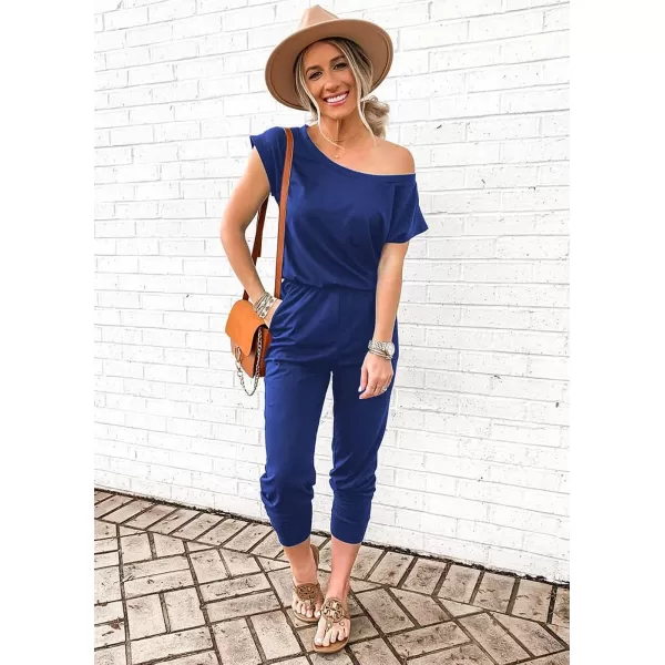 imagePRETTYGARDEN Womens Loose Solid Off Shoulder Elastic Waist Stretchy Long Romper JumpsuitBlue