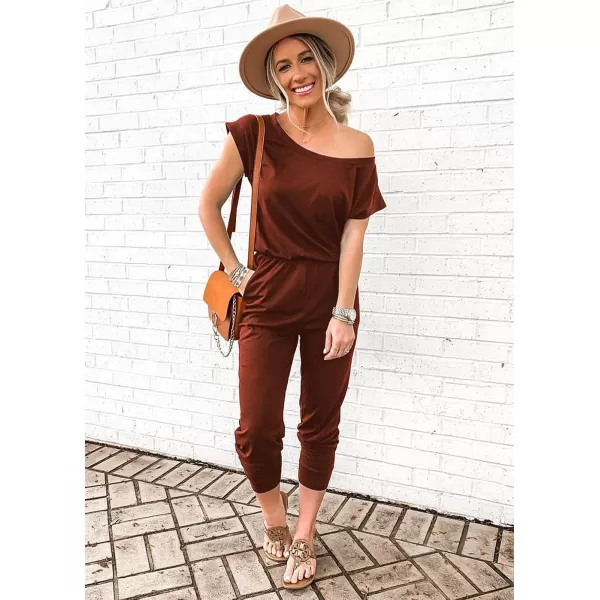 imagePRETTYGARDEN Womens Loose Solid Off Shoulder Elastic Waist Stretchy Long Romper JumpsuitBrick Red