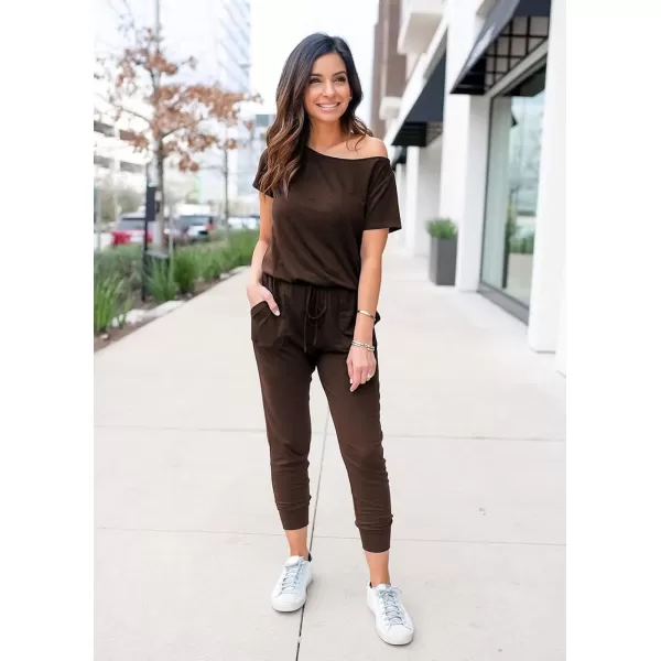 imagePRETTYGARDEN Womens Loose Solid Off Shoulder Elastic Waist Stretchy Long Romper JumpsuitBrown